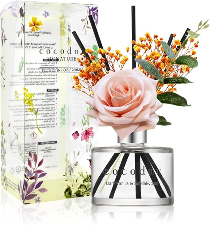 COCODOR Rose Flower Reed Diffuser/Dark Vanilla&Sandalwood/6.7oz/1Pack / Home Fragrance Scent Essential Oil Stick Diffuser for Bedroom Bathroom Home Décor
