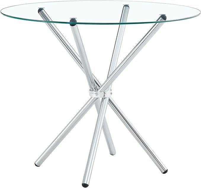 Kitchen Table for 2 Modern 36.6" Round Glass Table Small Tables with Trestle Metal Leg for Living Room and Apartment, Silver