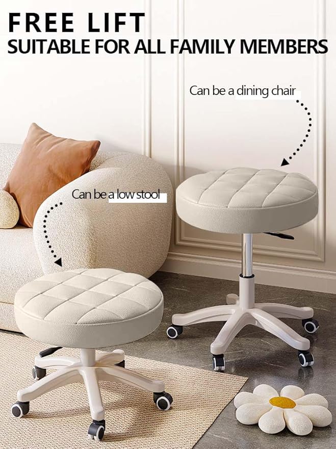 Small Chair Round Rolling Stool with Wheels PU Leather Height Adjustable Swivel Drafting Work SPA Salon Stools Home Office Chair