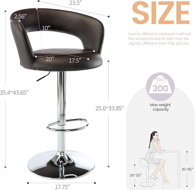 Brage Living Wide Bar Stool, Modern PU Leather Swivel Adjustable Barstool with Hollow Back and Arms, Upholstered Airlift Counter Height Bar Chair for Kitchen Dining (Dark Brown)