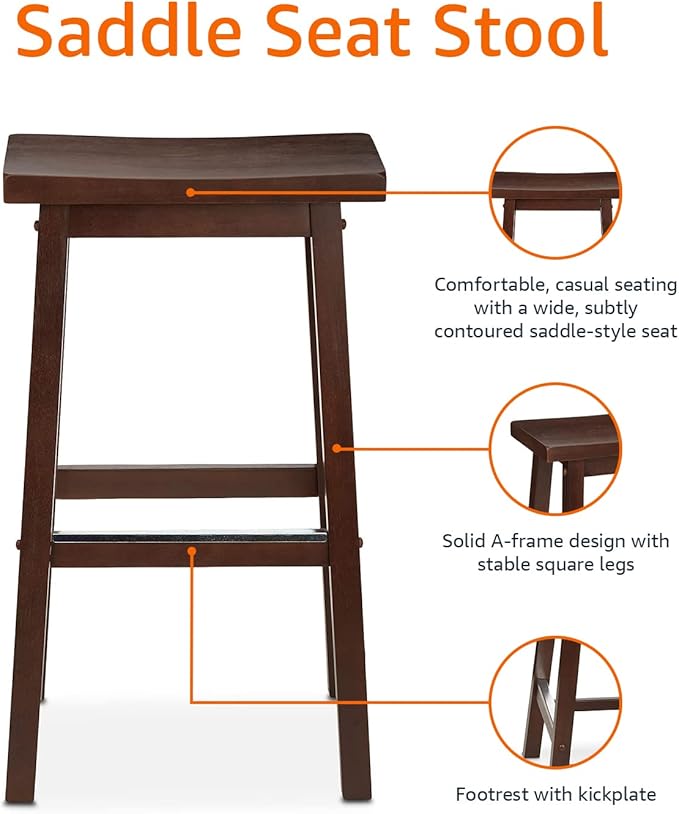 Amazon Basics Solid Wood Saddle-Seat Kitchen Counter Barstool with Footrest, Easy Assembly - 29-Inch Height - Walnut - Set of 2
