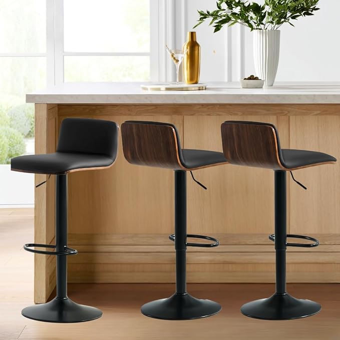 Set of 4 Swivel Bar Stools Adjustable Height, Faux Leather Barstools with Wooden Back and Footrest, Counter Height Bar Height Chairs for Kitchen Island, Dining Room, Black