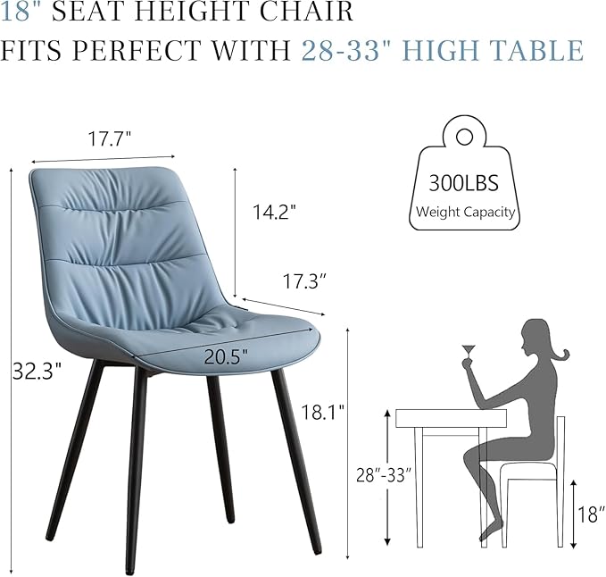 Kidol & Shellder Dining Chairs Set of 2, Modern Upholstered Faux Leather Kitchen Side Chairs with Comfortable Back - Mid-Century Armless Chair for Dining Living Room Bedrooms, with Metal Legs (Blue)