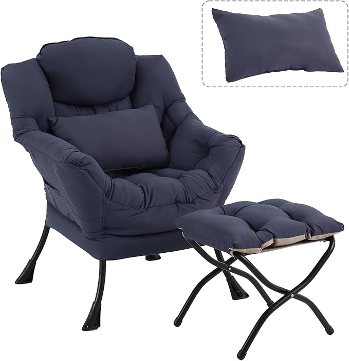 Lazy Chair with Ottoman, Modern Accent Chair with Lumbar Pillow, Comfy Chairs with Folding Footrest for Bedroom, Reading, Oversized Supportive Lounge Chairs(Navy Blue)