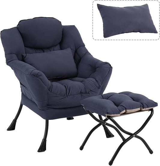 Lazy Chair with Ottoman, Modern Accent Chair with Lumbar Pillow, Comfy Chairs with Folding Footrest for Bedroom, Reading, Oversized Supportive Lounge Chairs(Navy Blue)