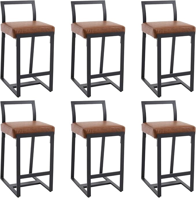 26’’ Modern Bar Stools Set of 6, Upholstered PU Leather Bar Chairs with Backrest Armless Counter Height Stools with Metal Frame for Kitchen Island Dining Room, Brown