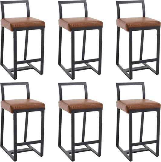 26’’ Modern Bar Stools Set of 6, Upholstered PU Leather Bar Chairs with Backrest Armless Counter Height Stools with Metal Frame for Kitchen Island Dining Room, Brown