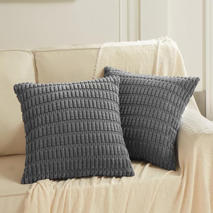 Fancy Homi 2 Packs Dark Grey Lumbar Decorative Throw Pillow Covers 14x14 Inch for Living Room Couch Bed Sofa, Rustic Farmhouse Boho Home Decor, Soft Striped Corduroy Rectangle Cushion Case 35x35 cm