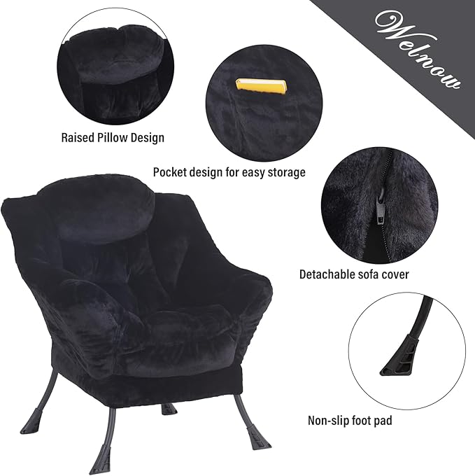 Welnow Lazy Chair with Ottoman, Modern Lounge Accent Chair with Armrests and a Side Pocket, Leisure Sofa Armchair, Reading Armchair with Footrest for Small Space, Plush Black