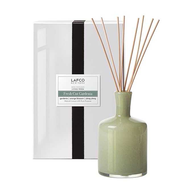 LAFCO New York Signature Reed Diffuser, Fresh Cut Gardenia - 15 oz - Up to 9 Months Fragrance Life - Reusable, Hand Blown Glass Vessel - Natural Wood Reeds - Made in The USA