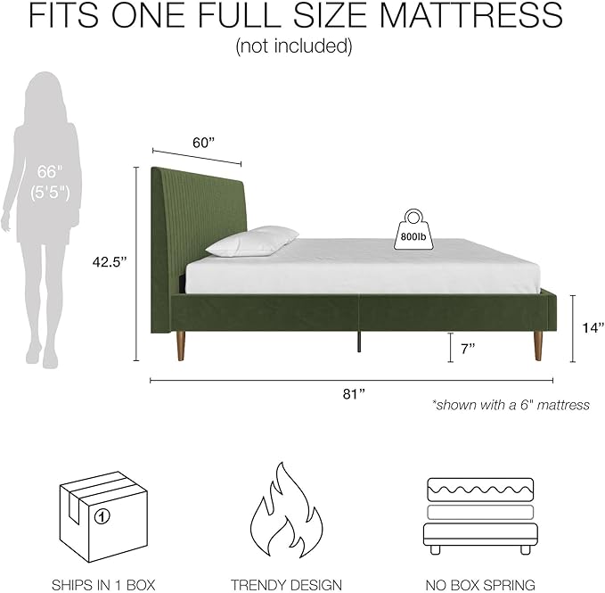 Mr. Kate Daphne Upholstered Bed with Vertical Channel Tufted Headboard, Full, Olive Green Velvet