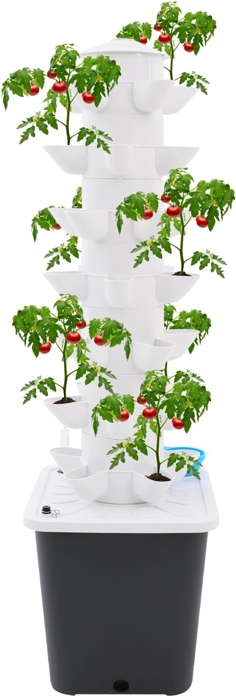 7-Tier Hydroponic Growing Tower, 35-Plant Indoor Gardening System w/Automatic Water Circulation, Vertical Aeroponic Tower Garden for Herbs, Vegetables, Fruits (Grey, 35-Plants)
