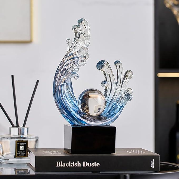 Modern Abstract Decorative Wave Statue, Blue Abstract Art Home Decor,Crystal Ball Art Wave Resin Sculpture, Office Desk Stand, Dining Table Center Decorative Aesthetics (A,Navy-Blue)
