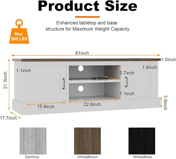 Farmhouse TV Stand for 65 Inch TVs Entertainment Center with Storage Cabinets Modern Media Console Table Rustic Wood Design for Living Room Office 61 * 17.7 * 21.7 Inch White&Brown