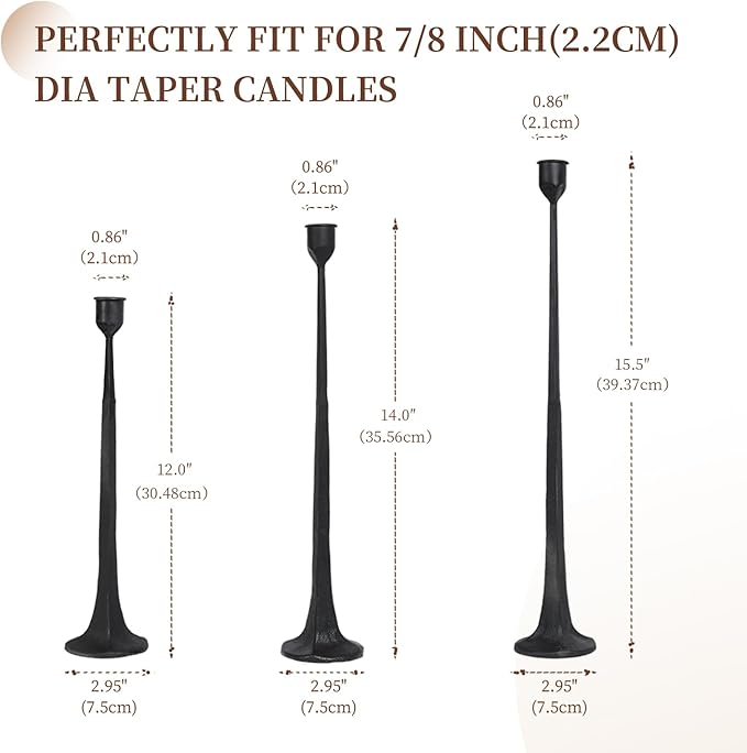 Set of 3 Candle Stick Holders,Iron Black Candlestick Holders, Fits 3/4 inch Thick Candles, Tapered Candle Holders Tall Set for Dining Table, Wedding, Home Decoration