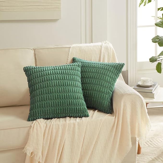 Fancy Homi 2 Packs Emerald Green Decorative Throw Pillow Covers 20x20 Inch for Living Room Couch Bed Sofa, Christmas Home Decor, Soft Striped Corduroy Square Cushion Case
