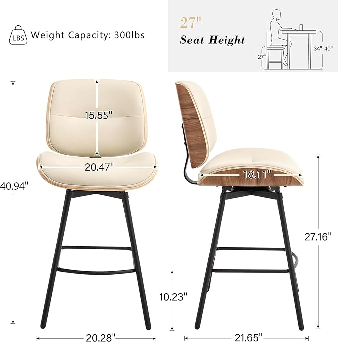 Mid Century Modern Counter Stools Set of 2, 27" Swivel Bar Stools with Metal Legs, Faux Leather Upholstered Bar Chairs with Footrest for Kitchen Island & Dining Tables, Beige