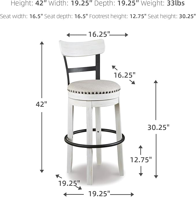 Signature Design by Ashley Valebeck 30" Modern Swivel Pub Height Barstool, Whitewash
