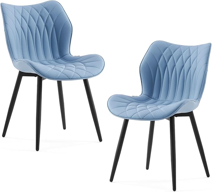 Kidol & Shellder Modern Dining Chairs Set of 2 Comfy Dining Room Chairs with Thick Cushions PU Leather Upholstered Kitchen Side Chairs with Metal Legs Blue