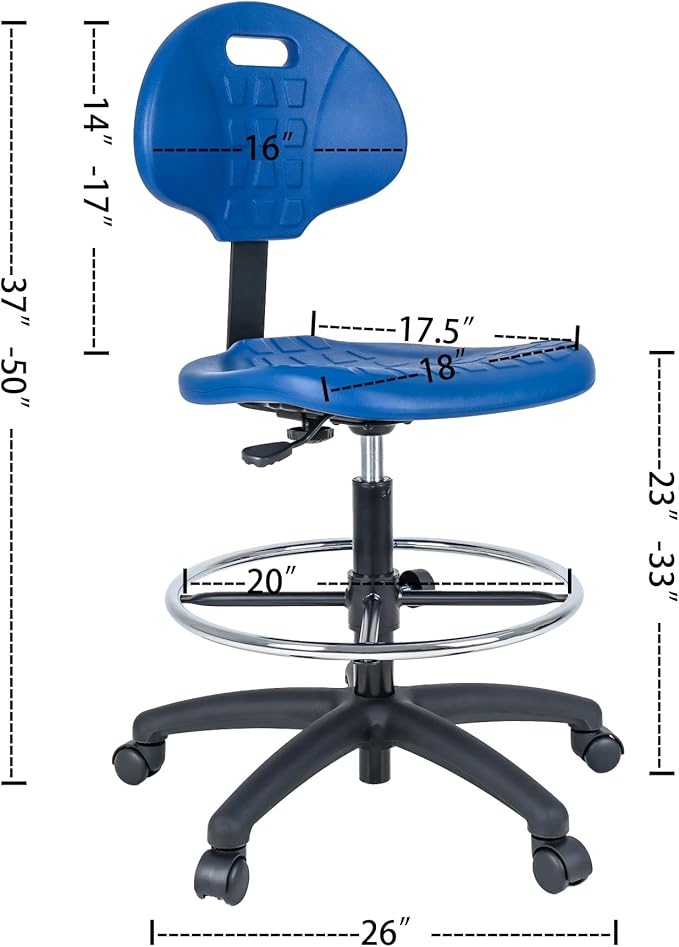 Chair Master Drafting Stool Blue- Easy to Clean! Quick Ship. Ergonomic Polyurethane Chair. Seat Height Adjustable (23"-33") Heavy Duty Adjustable Footring for Home, Automotive, Lab, Cleanroom (Blue)