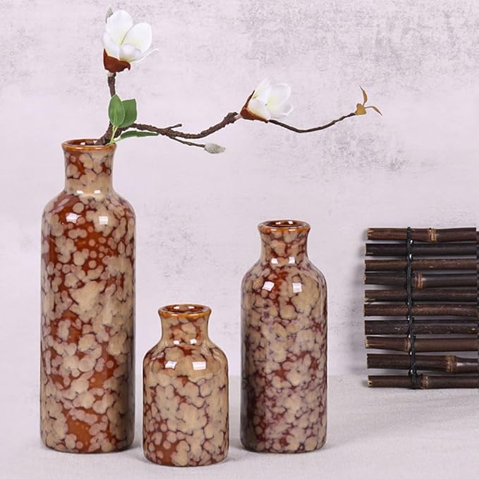 Ceramic Vase Set of 3, Modern Home Decor Distressed Rift Ceramic Small vase for Country Home Decoration, Living Room Decor, Table Decor, and Entrance Decoration(Vase-B)