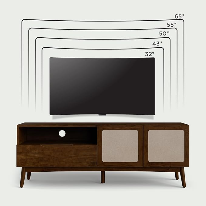 Bme Calista TV Stand 1 Drawer 2 Door – Chestnut Finish Media Console with Open Shelf & Fabric Panel Doors, Mid-Century Modern Style with Tapered Legs, Easy Assembly