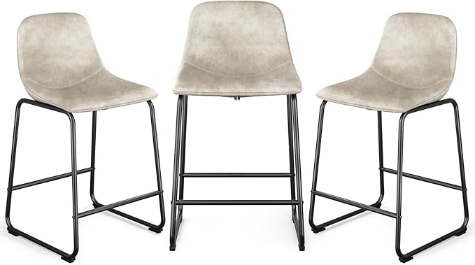 Rfiver Pu Faux Leather Bar Stools Set of 3, Industrial Pub Barstools with Back and Footrest, Modern Armless Bar Height Stool Chairs (Beige, 24" Counter Chair x3)