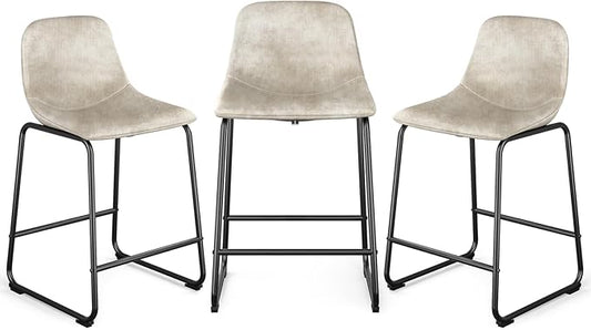 Rfiver Pu Faux Leather Bar Stools Set of 3, Industrial Pub Barstools with Back and Footrest, Modern Armless Bar Height Stool Chairs (Beige, 24" Counter Chair x3)