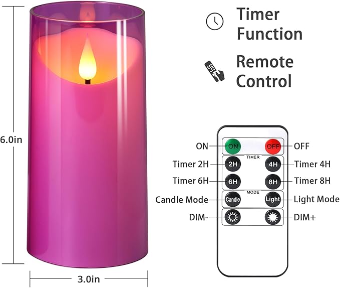 NURADA 3"x6"Flickering Flameless Candles: 3D Wick Unbreakable Acrylic Battery Operated LED Pillar Candles - Battery Candles with Remote and Timer for Table Wedding Centerpieces Party Decor Purple