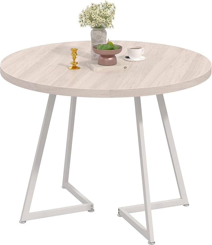 VECELO 35" Round Dining Table for 4, Wood-Grain Tabletop & Heavy-Duty Steel Frame, for Kitchen, Living Room, Easy Assembly, Natural & White
