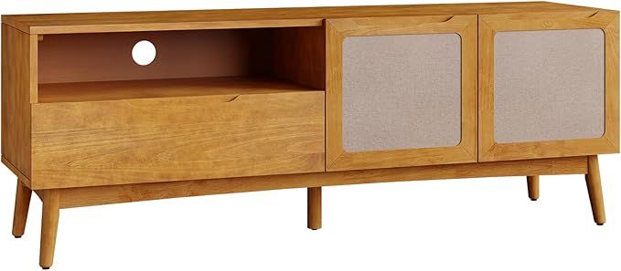 Calista TV Stand 1 Drawer 2 Door – Teak Brown Finish Media Console with Open Shelf & Fabric Panel Doors, Mid-Century Modern Style with Tapered Legs, Easy Assembly