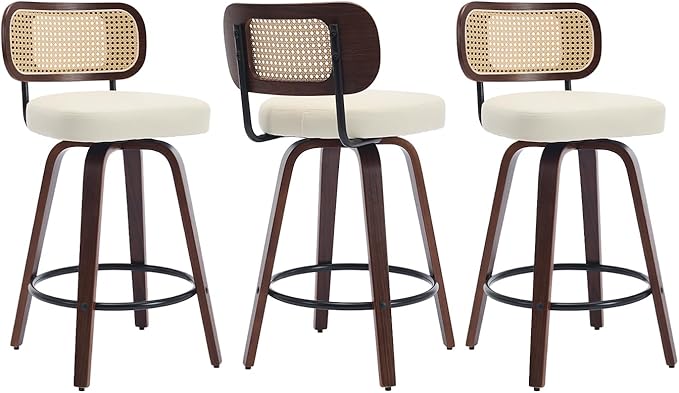 Swivel Counter Height Bar Stools Set of 3, 26 inch Bar Chairs with Curved Rattan Back, Upholstered PU Leather, Walnut Craftsmanship, Mid Century Modern Counter Stools for Kitchen Counter, Beige