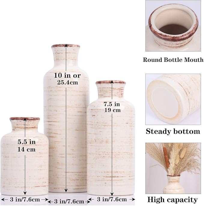 Ceramic Vase 3 Piece Set, Farmhouse Decor Ceramic Small Vases for Country Home, Decorative Vases for Centerpieces, Living Room, Table, Fireplace, Entryway and Modern Rustic Home Decor