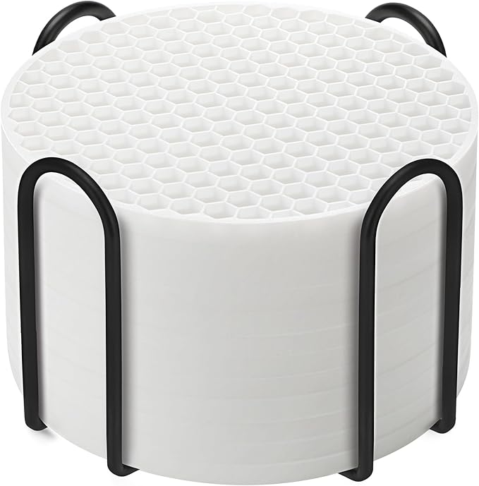 Silicone Coaster Set of 12 with Holder, Drinks Coasters, Beer & Coffee, Suitable for All Cups, Hot or Cold, Anti-Slip, Non-Stick, Anti-Overflow Tabletop Protection and Decor (12 Pcs, White)