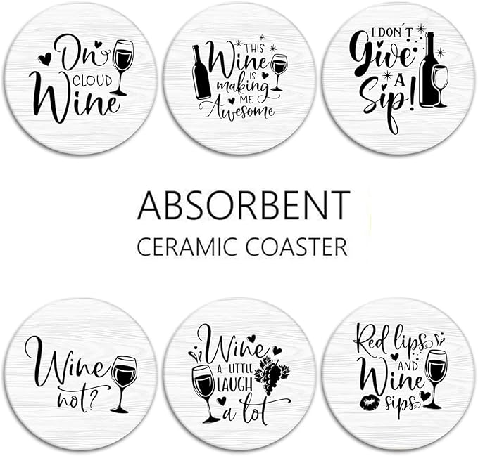 Britimes Coaster for Drinks Set of 6, Inspirational Motivational Phrase Absorbent Round Ceramic Stone Mat, with Cork Base and Metal Holder, Gift for Housewarming Room Bar Decor