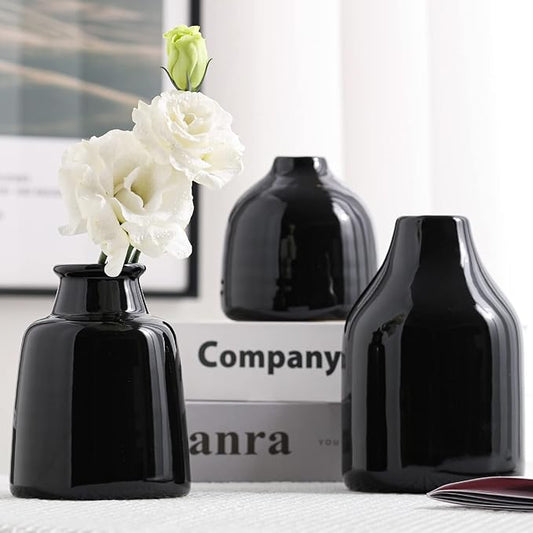 Black Small Vase Set of 3 for Modern Home Decor,Ceramic Vases for Centerpieces Flower Vases for Living Room Wedding/Dinner Table/Party-Black