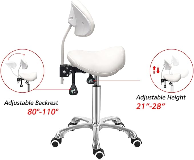 Antlu Saddle Stool Chair with Back Ergonomic Rolling Esthetician Seat for Salon Tattoo Shop Spa Dentist Clinic (Adjustable Backrest, White)