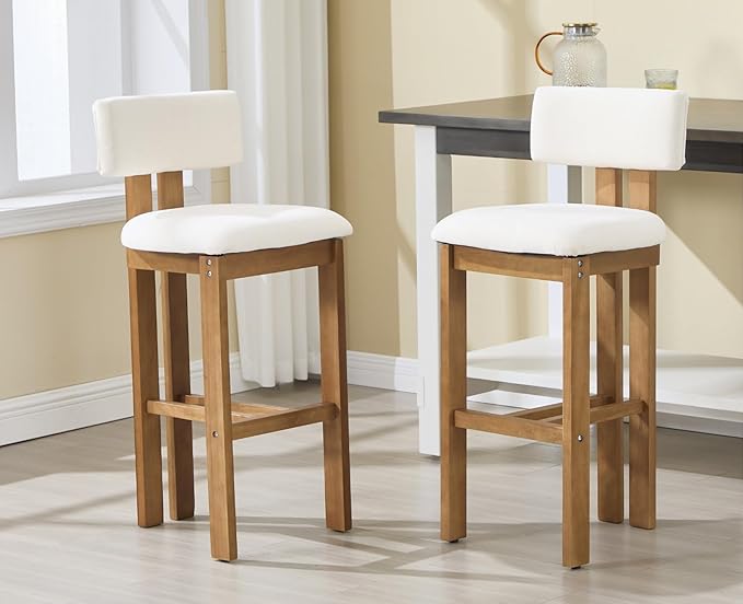 Upholstered Farmhouse Bar Height Bar Stools Set of 2 White Chenille Barstools with Back/Solid Wood Legs, Modern Tall Bar Chairs for Kitchen Island/Home Bar/Pub, 30 Inch