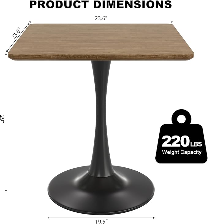 Walnut Square Tulip Table for 2, 24 Inch Small Dining Table with Metal Pedestal Base for Kitchen, Mid-Century Modern Table with Round Corners for Living Room, Cafe and Home Office