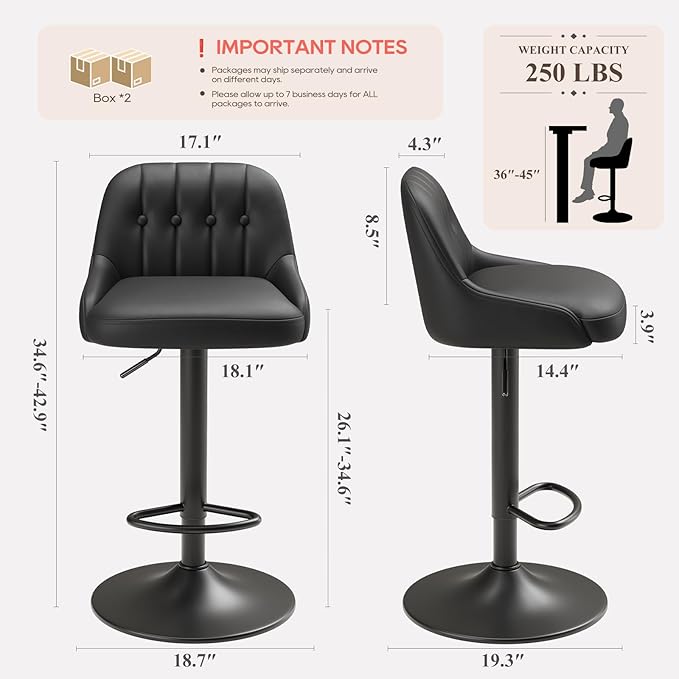 Bar Stools Set of 3, Swivel Bar Chairs, Modern Adjustable PU Leather Upholstered Barstools Counter Height with Tufted Back for Bar, Kitchen Counter Island, Dining Room, Black