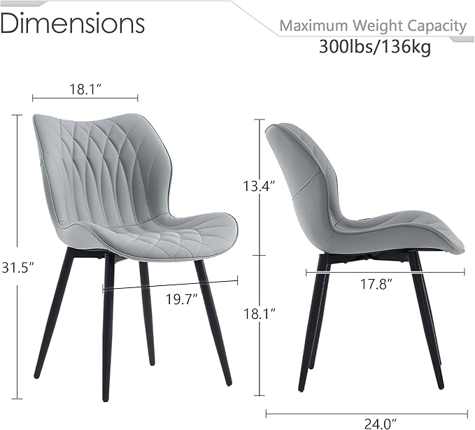 Kidol & Shellder Dining Chairs Set of 2 Modern Kitchen Chairs with Back Armless Accent Chairs for Living Room Upholstered Faux Leather Chair Mid Century Comfy Side Chair with Metal Legs, Grey