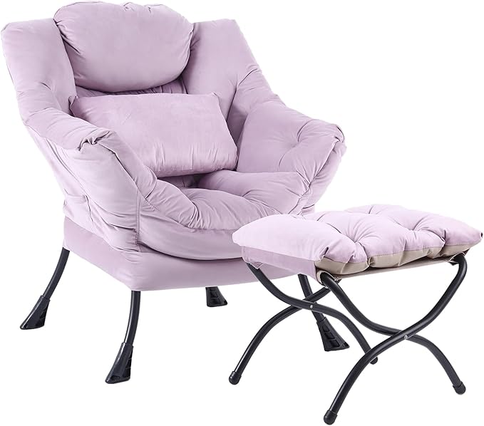 Lazy Chair with Ottoman, Modern Accent Chair with Lumbar Pillow, Comfy Chairs with Folding Footrest for Bedroom, Reading, Oversized Supportive Lounge Chairs(Velvet Light Purple)