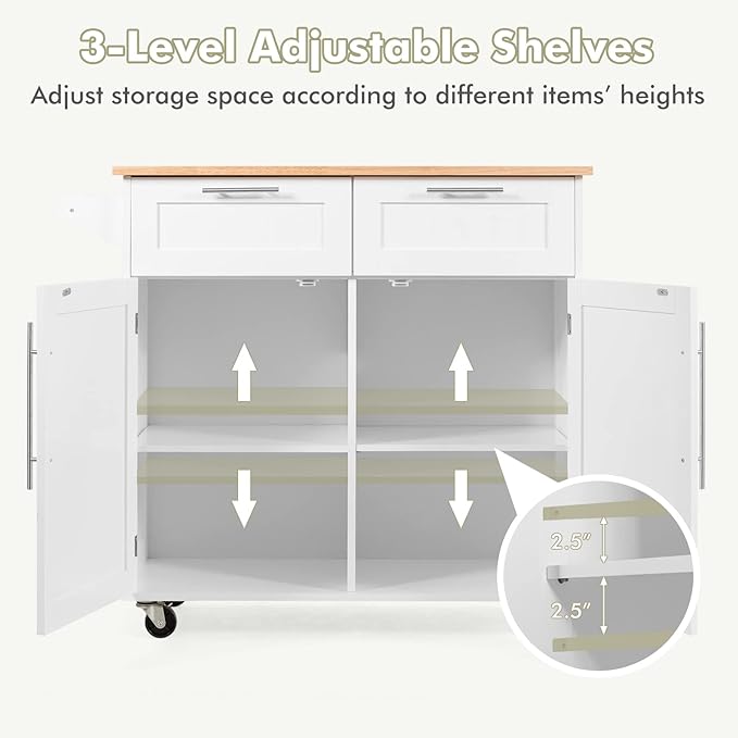 COSTWAY Kitchen Island on Wheels, Kitchen Cart with Side Towel Bar, 2 Drawers, 2 Door Cabinet, Rolling Storage Trolley Cart with Rubber Wood Top & Lockable Casters (White)
