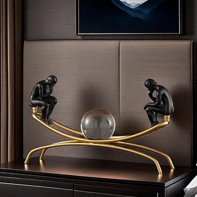 FUNSXBUG The Thinker Statue Thinking Man Statues with Crystal Ball Sculptures Collectible Figurine Home Decor Living Room Decoration Black