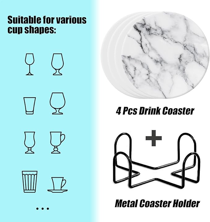 Ceramic Coasters Set of 4 with Holder Round Water Absorbent White Classic Marble Coasters Tabletop Protection,Wine Beer Bar Coasters,Home Decor，4 Inch