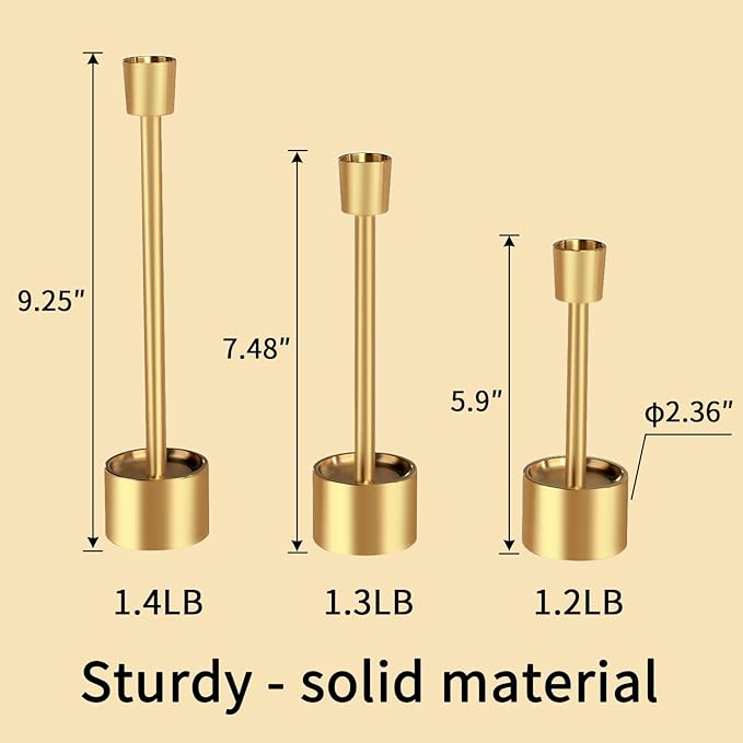 YUMORE 3-Packs Taper Candle Holders - Pillar Candlesticks Solid Stainless Steel Stands for Church, Wedding Centerpieces, Dining Table, Mantel Decor, Fireplace Party, Modern Farmhouse(Gold)