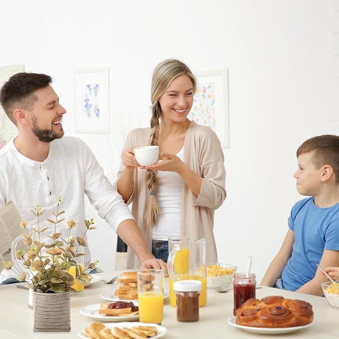 Small Fake Plants 16 Inch Eucalyptus Stems Artificial Plant in Offwhite Leather Woven Planter with Polished River Rocks Evergreen Faux Plant Indoor for Home Bathroom Kitchen Decor