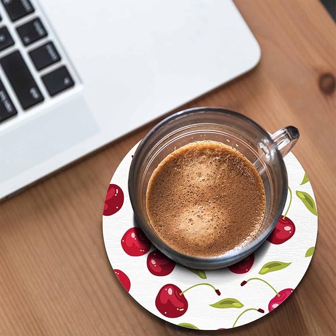 Cherry Berries Coasters for Drinks Office Coffee Table Healthy Fresh Fruit Food Glossy Leaf Organic Ripe Sweet Graphic Living Room Decor Set of 2 for Cold Drinks Wine Mugs and Cups 4 Inch