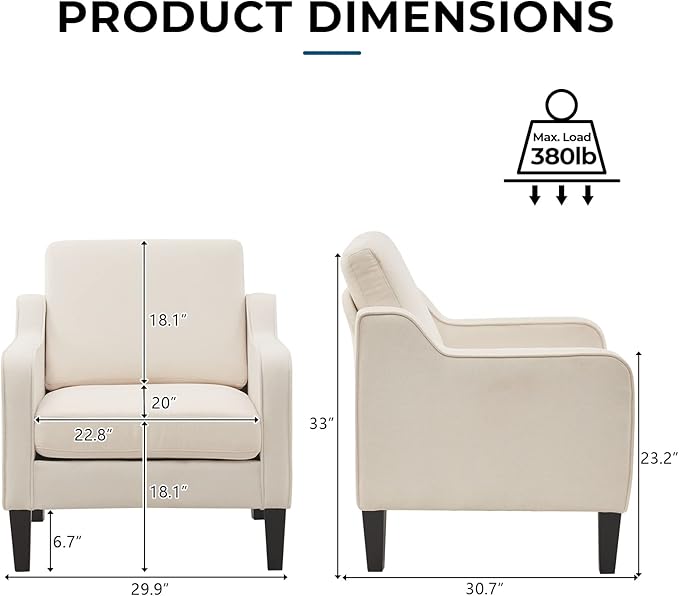 VINGLI Modern Accent Chairs Set of 2,Comfy Beige Armchair for Bedroom,Living Room Upholstered Sofa Chair Reading Chair for Small Spaces (2, Beige)