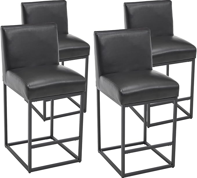 VESCASA Faux Leather 27 inches Counter Height Bar Stools with Padded Back, Modern Upholstered Counter Stool Chairs with Black Metal Frame for Kitchen Island, Set of 4, Black